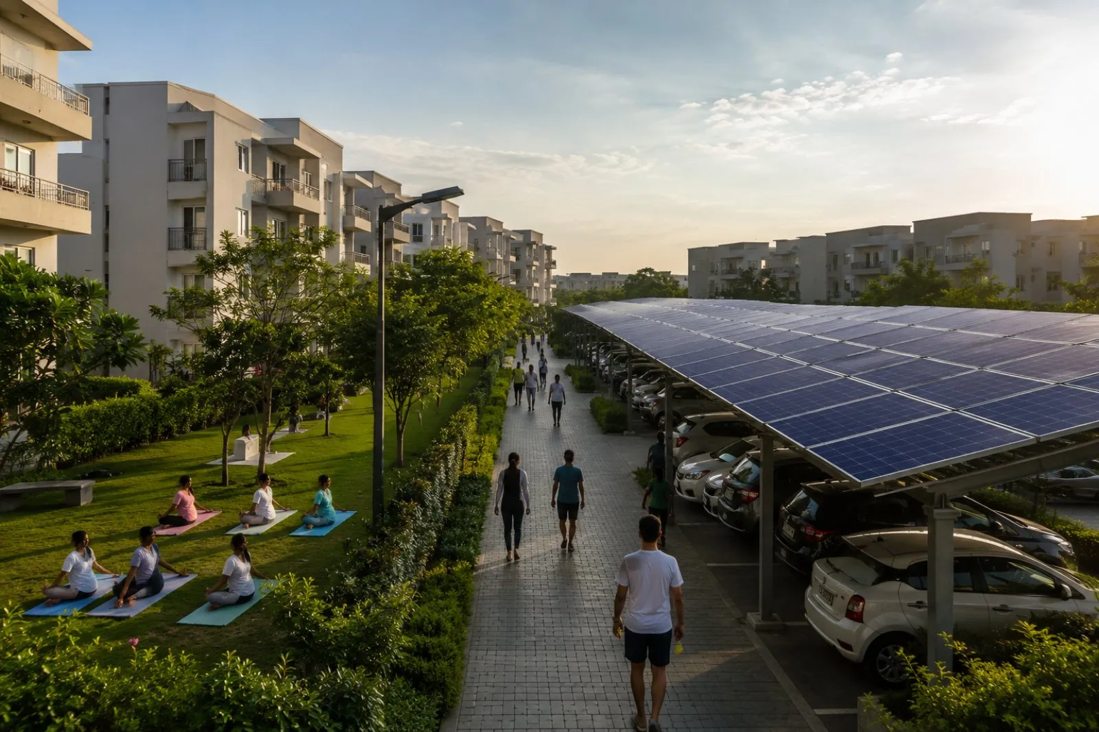 Housing society with solar carports and green common areas